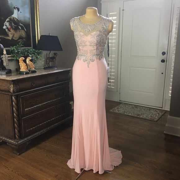 NWT Milano Formals Size 4 Light Pink Chiffon Beaded Prom Maxi Dress Formal Gown - Picture 1 of 16